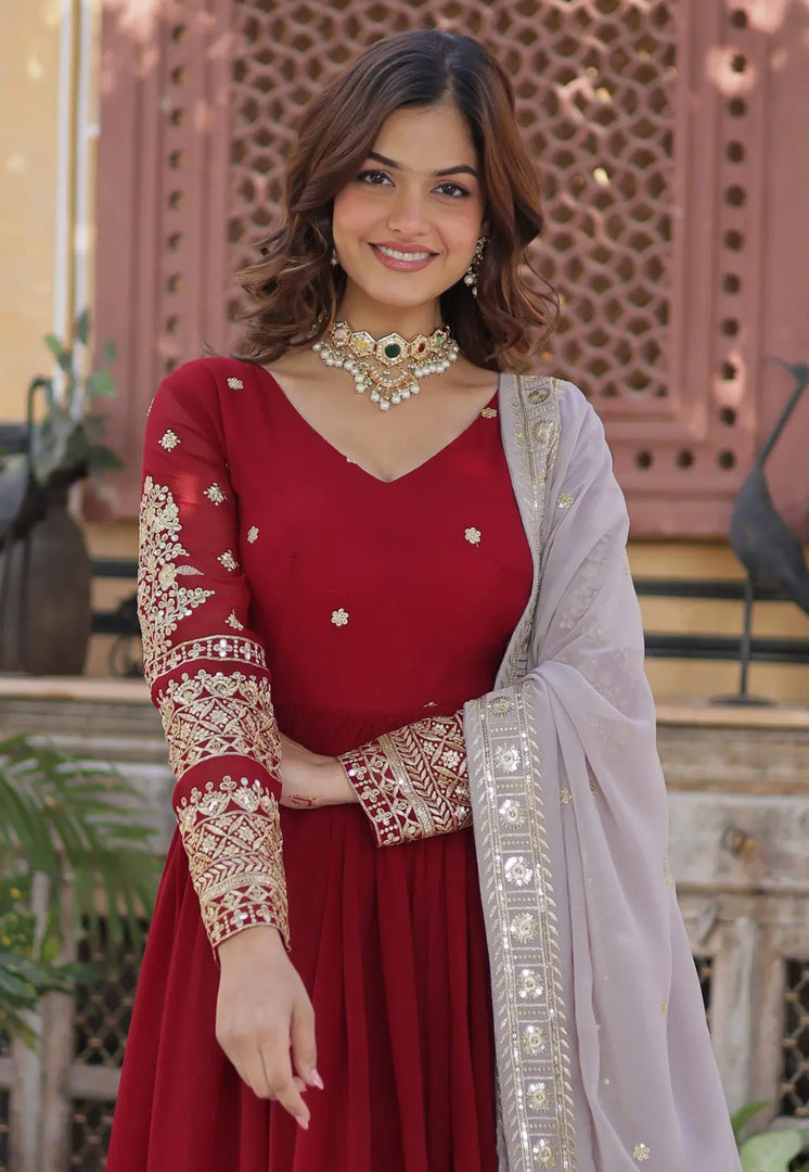 Maroon Faux Georgette Readymade Anarkali Suit