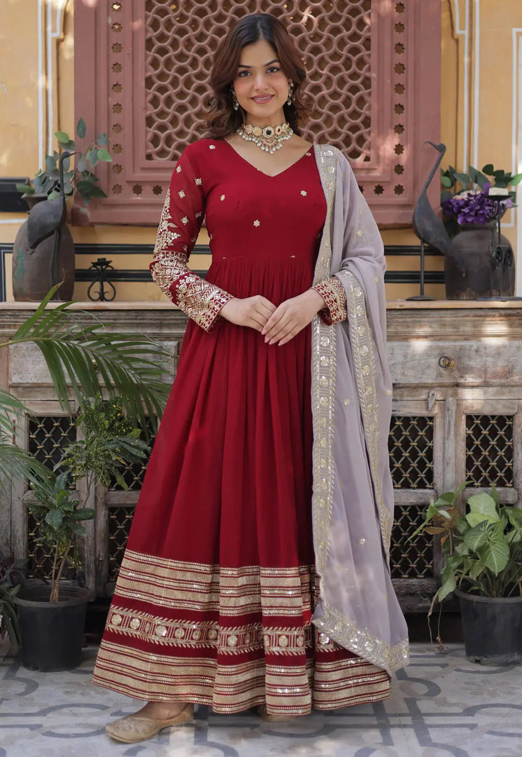 Maroon Faux Georgette Readymade Anarkali Suit