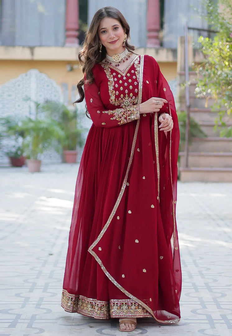 Maroon Faux Georgette Readymade Anarkali Suit