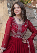 Load image into Gallery viewer, Maroon Faux Georgette Readymade Anarkali Suit
