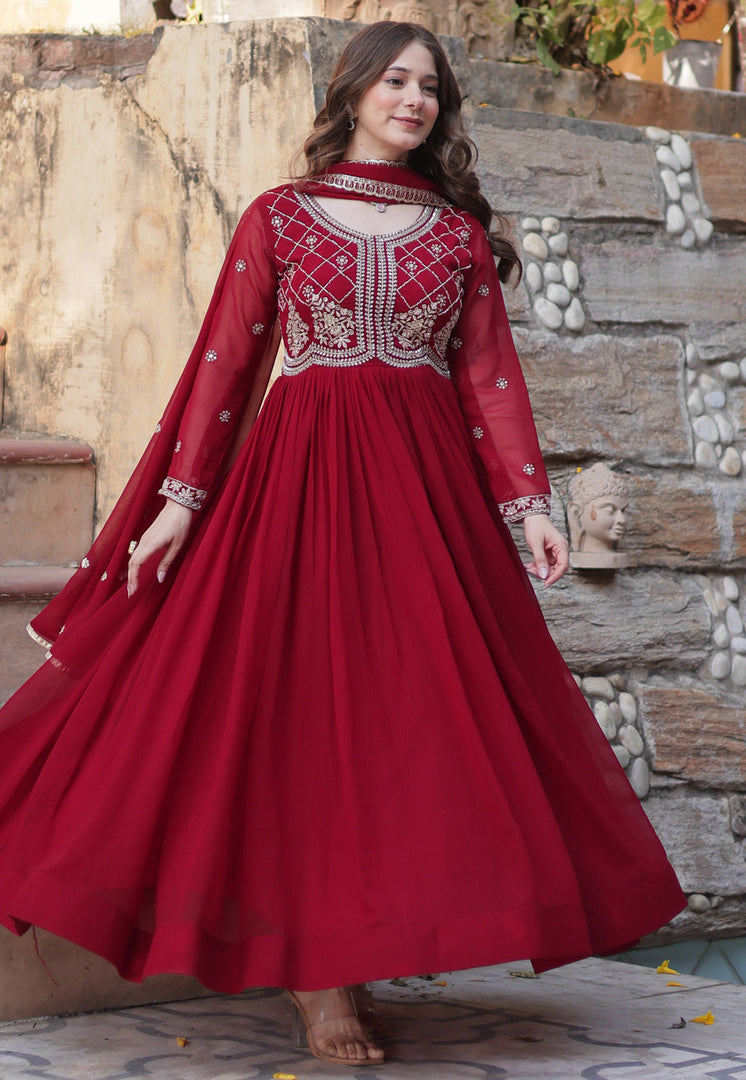Maroon Faux Georgette Readymade Anarkali Suit