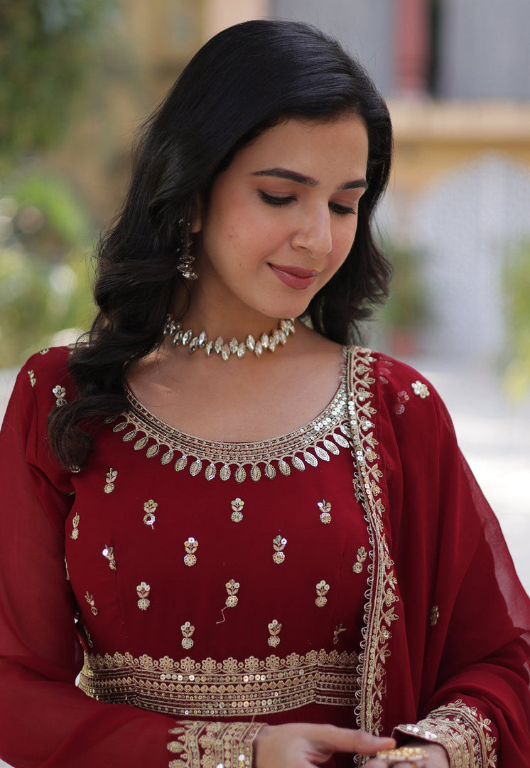 Maroon Faux Georgette Readymade Anarkali Suit