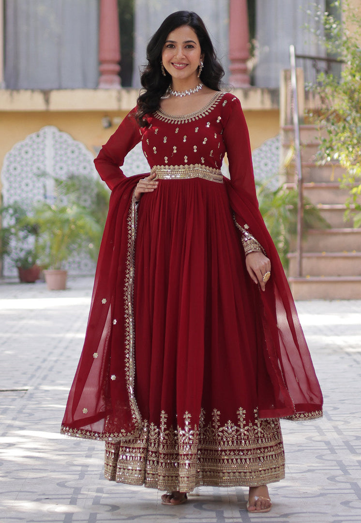 Maroon Faux Georgette Readymade Anarkali Suit