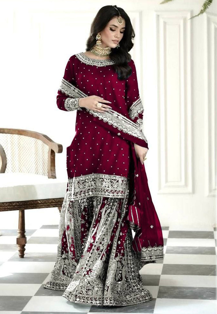 Maroon Faux Georgette Readymade Gharara Suit