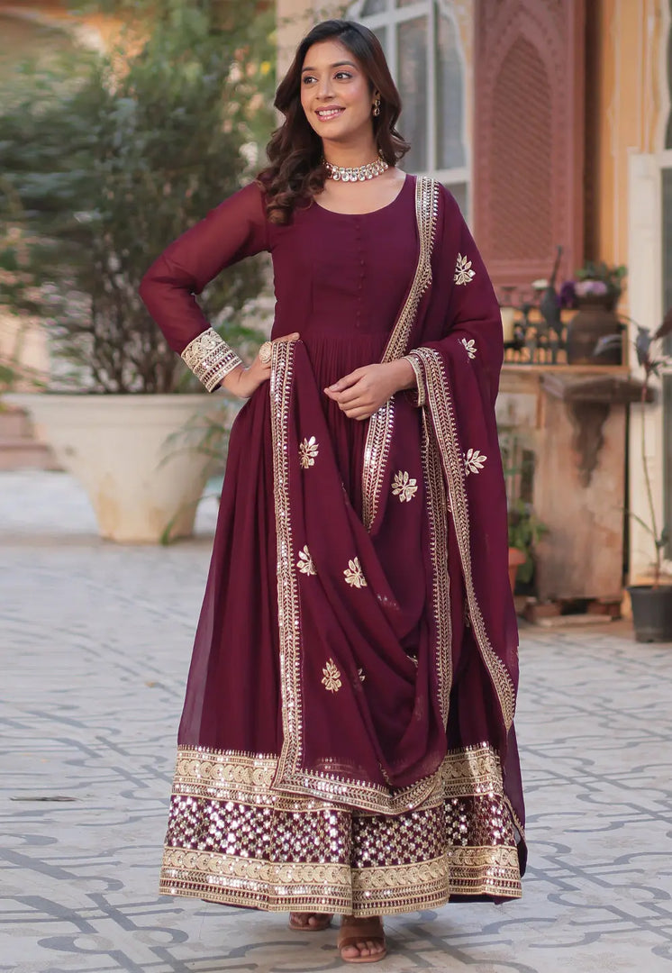 Maroon Faux Georgette Readymade Long Anarkali Suit