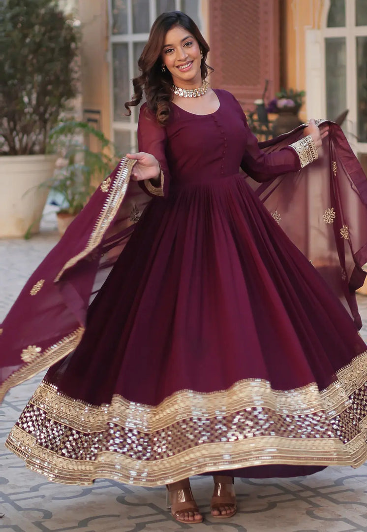 Maroon Faux Georgette Readymade Long Anarkali Suit