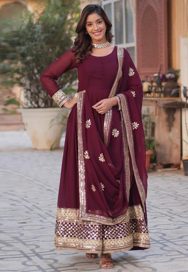 Maroon Faux Georgette Readymade Long Anarkali Suit
