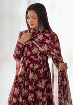 Load image into Gallery viewer, Maroon Faux Georgette Readymade Pant Style Suit
