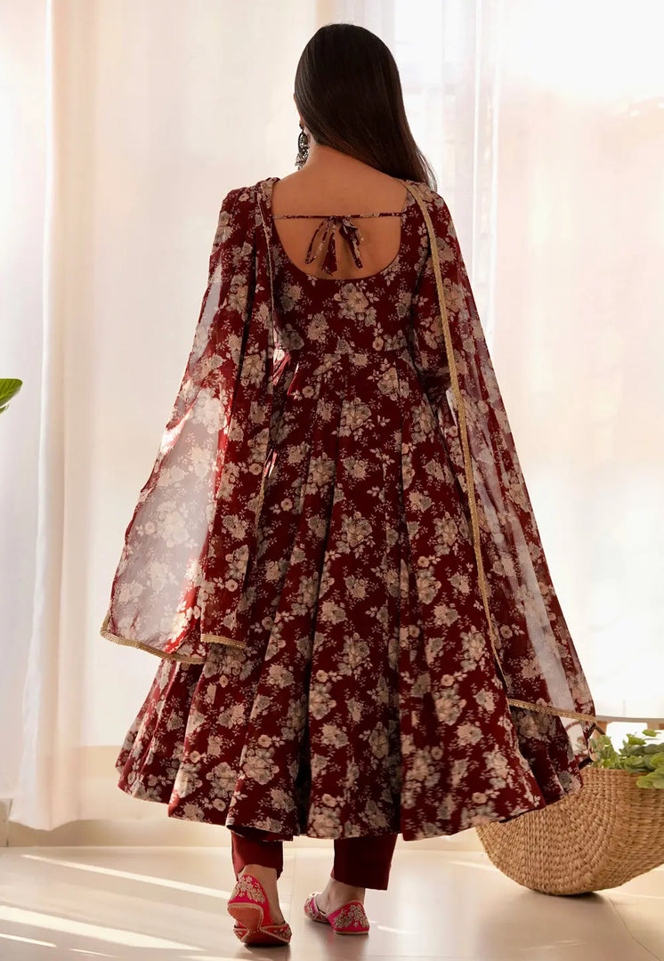 Maroon Faux Georgette Readymade Pant Style Suit