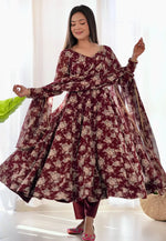 Load image into Gallery viewer, Maroon Faux Georgette Readymade Pant Style Suit
