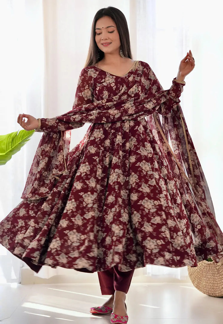 Maroon Faux Georgette Readymade Pant Style Suit