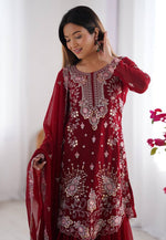 Load image into Gallery viewer, Maroon Faux Georgette Readymade Sharara Suit
