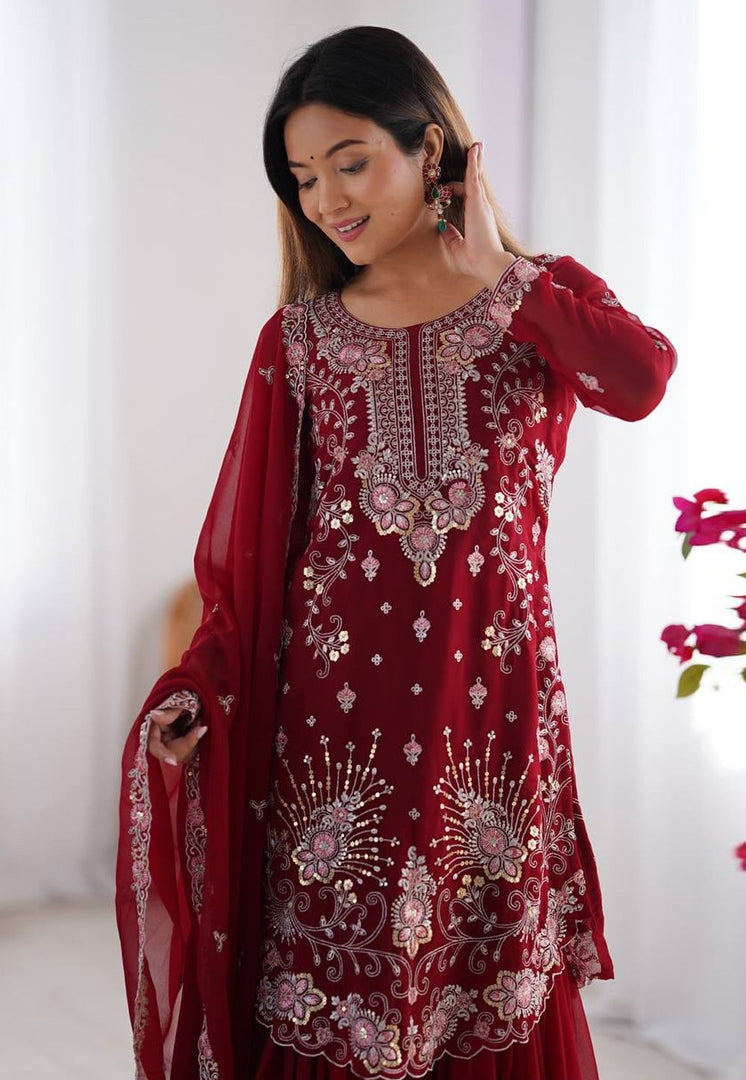 Maroon Faux Georgette Readymade Sharara Suit