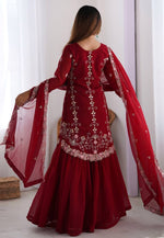 Load image into Gallery viewer, Maroon Faux Georgette Readymade Sharara Suit
