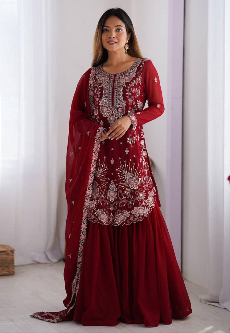 Maroon Faux Georgette Readymade Sharara Suit