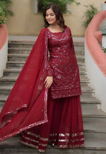 Load image into Gallery viewer, Maroon Faux Georgette Readymade Sharara Suit
