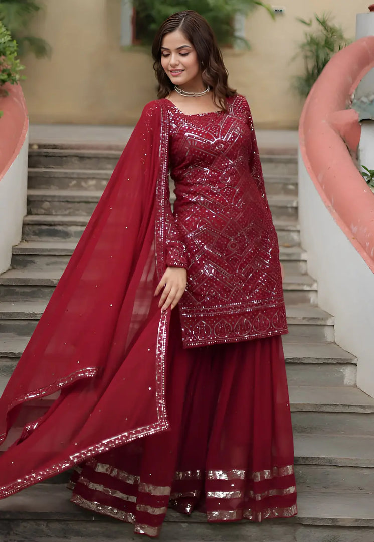 Maroon Faux Georgette Readymade Sharara Suit