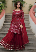 Load image into Gallery viewer, Maroon Faux Georgette Readymade Sharara Suit
