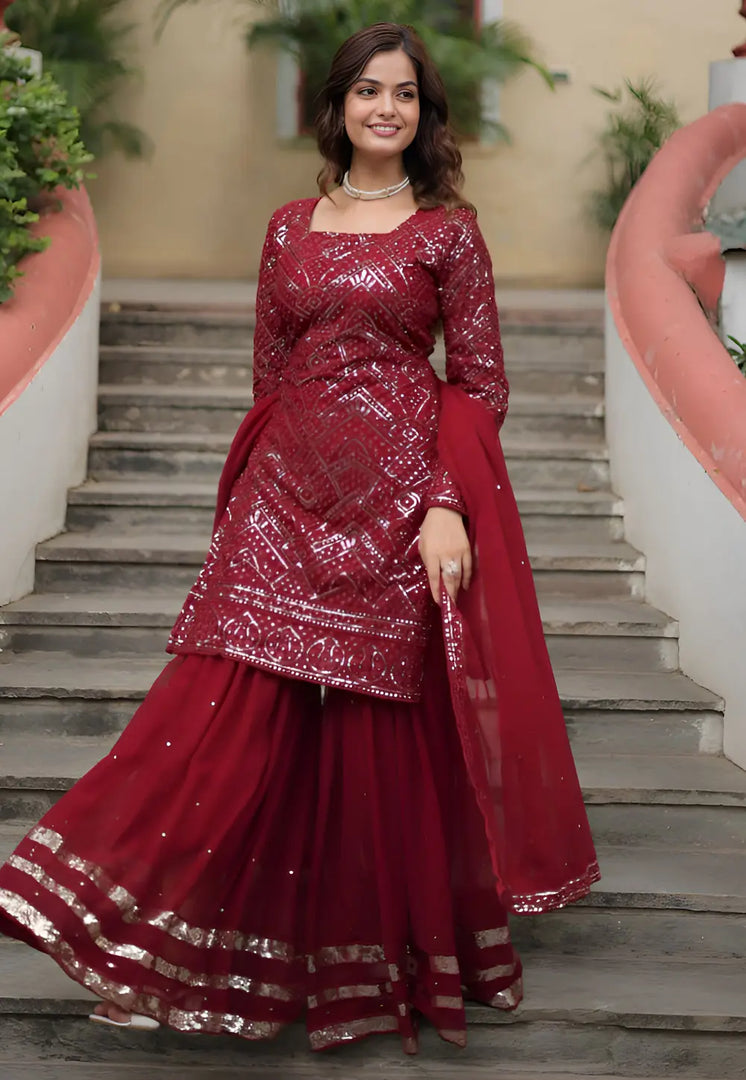 Maroon Faux Georgette Readymade Sharara Suit