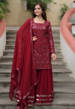 Load image into Gallery viewer, Maroon Faux Georgette Readymade Sharara Suit
