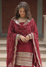 Load image into Gallery viewer, Maroon Faux Georgette Readymade Sharara Suit
