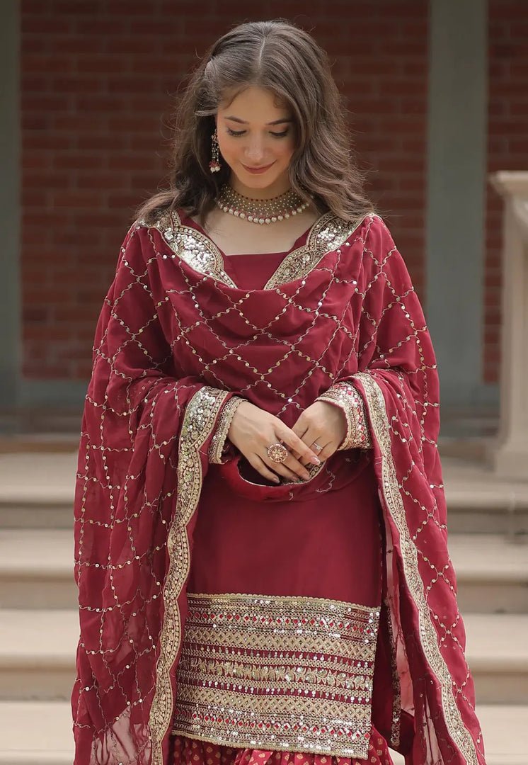 Maroon Faux Georgette Readymade Sharara Suit