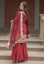 Load image into Gallery viewer, Maroon Faux Georgette Readymade Sharara Suit

