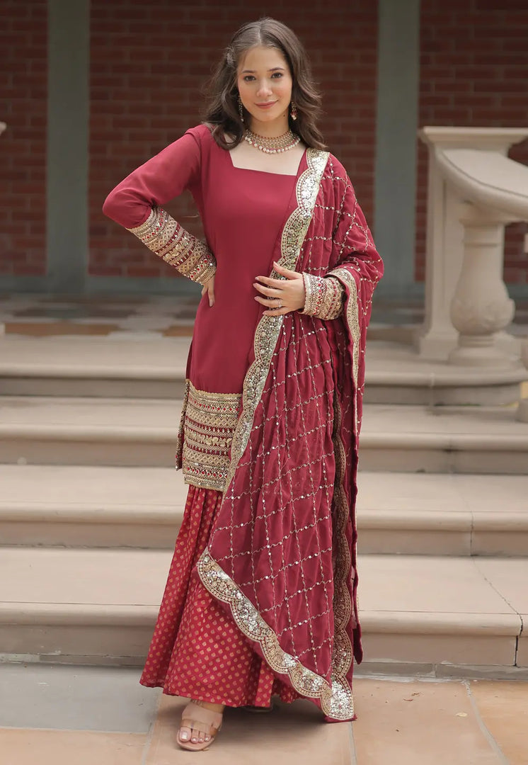Maroon Faux Georgette Readymade Sharara Suit