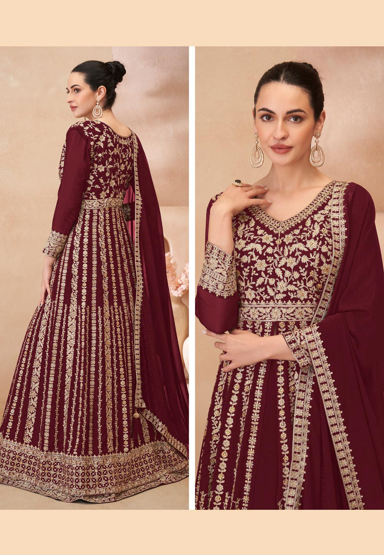 Maroon Georgette Embroidered Anarkali Suit