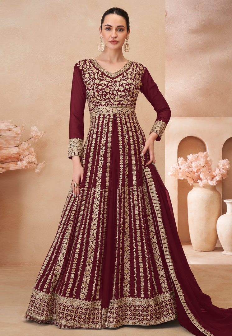 Maroon Georgette Embroidered Anarkali Suit