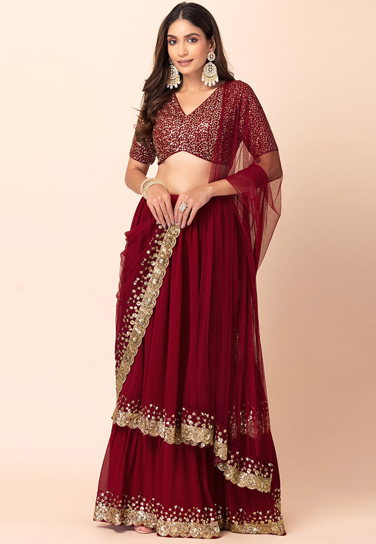 Maroon Georgette Layered Lehenga Choli