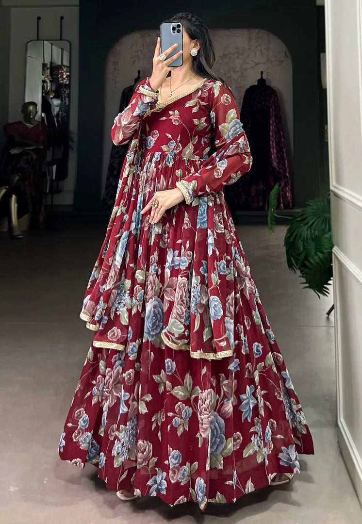 Maroon Georgette Readymade Anarkali Suit
