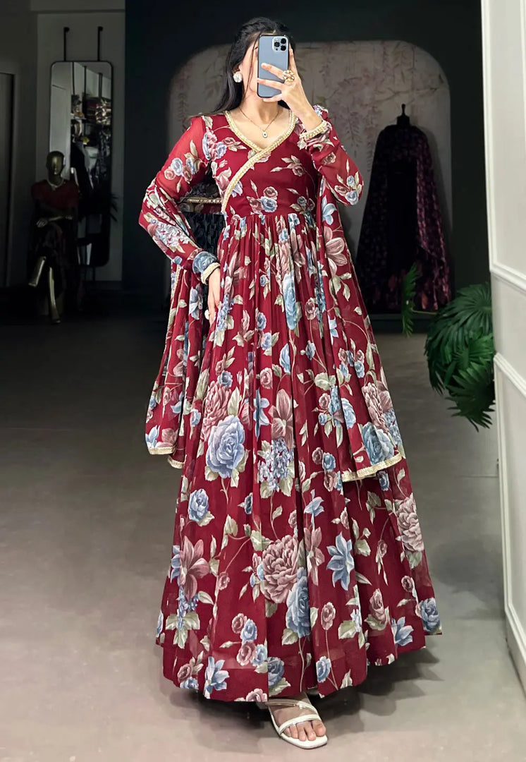 Maroon Georgette Readymade Anarkali Suit
