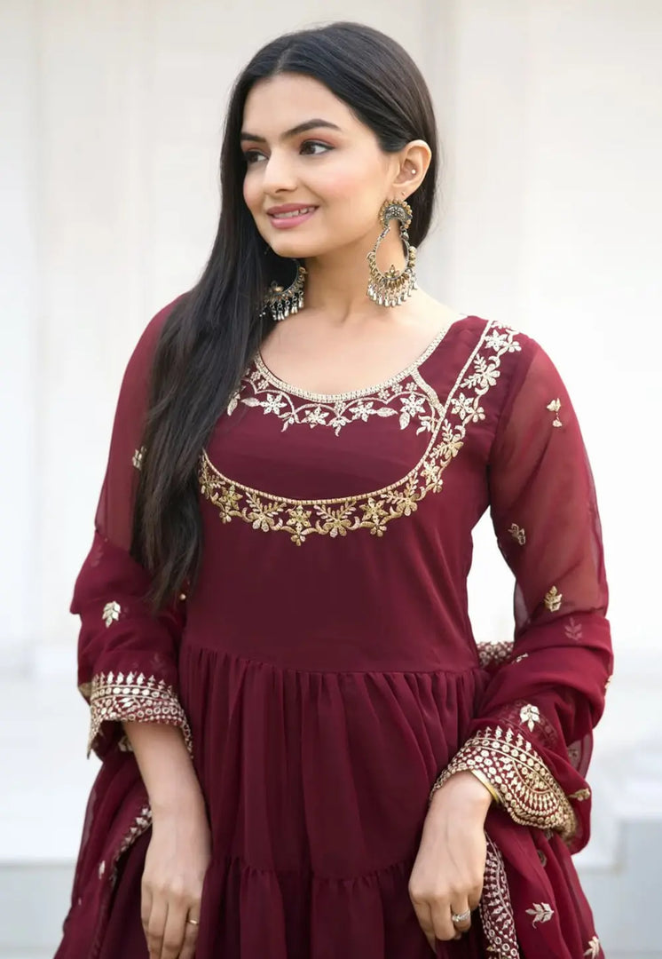 Maroon Georgette Readymade Long Anarkali Suit
