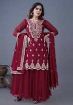 Load image into Gallery viewer, Maroon Georgette Readymade Sharara Suit
