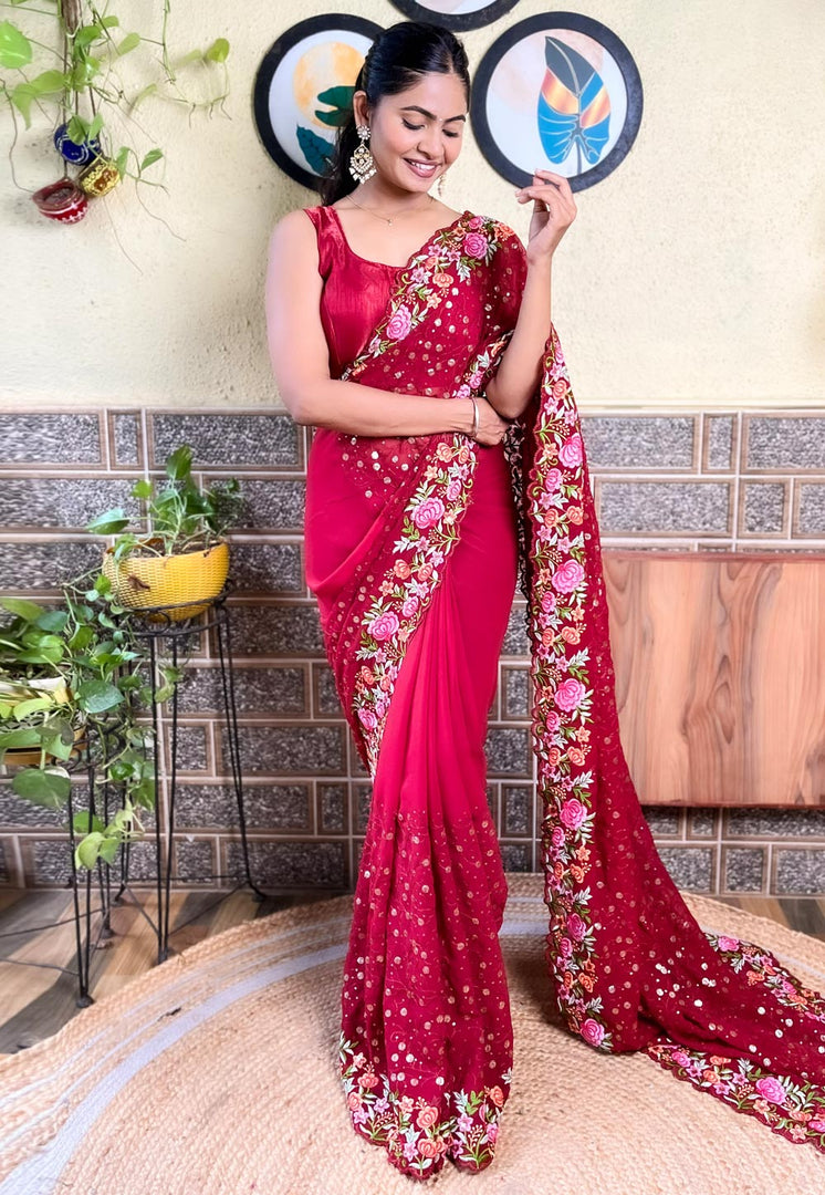Maroon Georgette Saree With Blouse