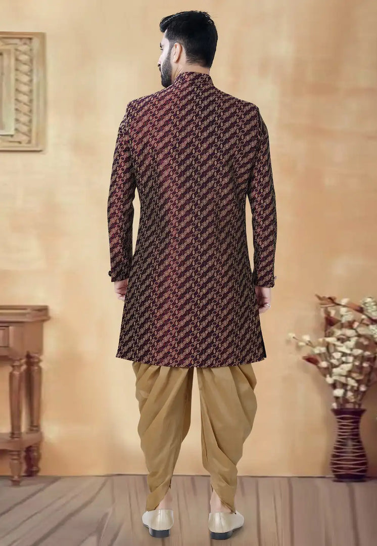 Maroon Jacquard Dhoti Sherwani