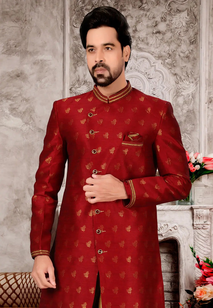 Maroon Jacquard Indo Western Suit
