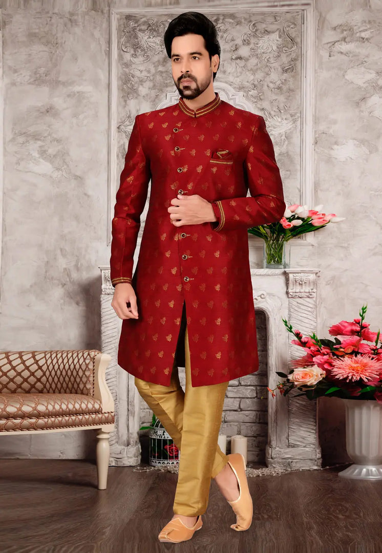 Maroon Jacquard Indo Western Suit