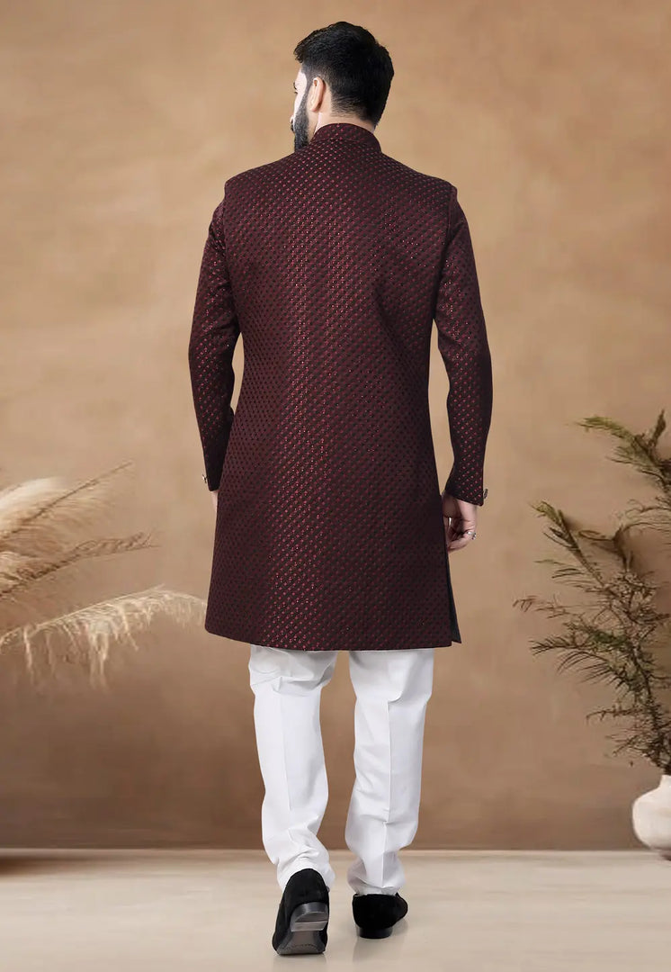 Maroon Jacquard Indo Western Suit