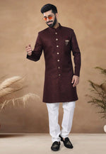Load image into Gallery viewer, Maroon Jacquard Indo Western Suit
