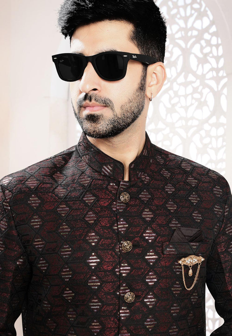 Maroon Jacquard Indo Western Suit