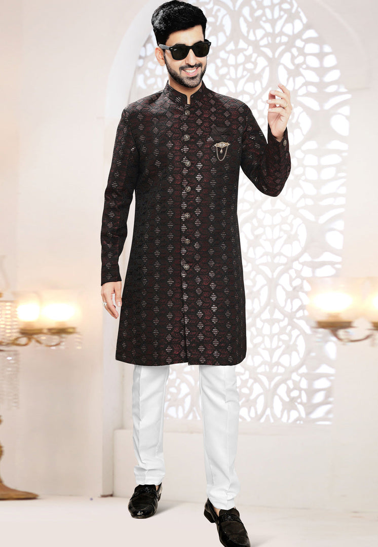 Maroon Jacquard Indo Western Suit