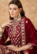 Load image into Gallery viewer, Maroon Jacquard Silk Long Choli Lehenga
