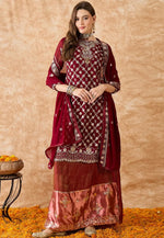Load image into Gallery viewer, Maroon Jacquard Silk Long Choli Lehenga
