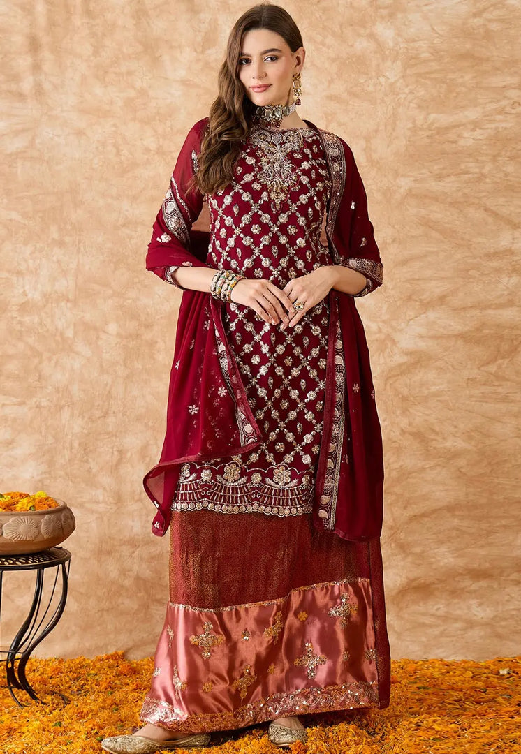 Maroon Jacquard Silk Long Choli Lehenga