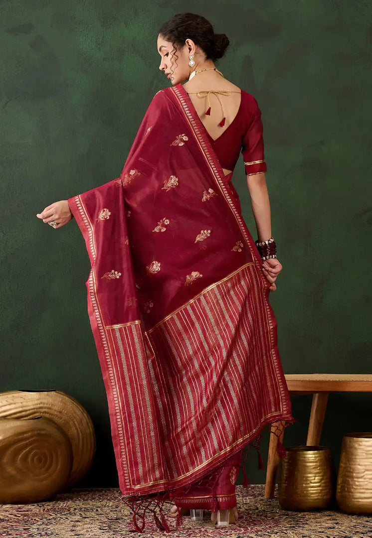 Maroon Jacquard Silk Saree With Blouse