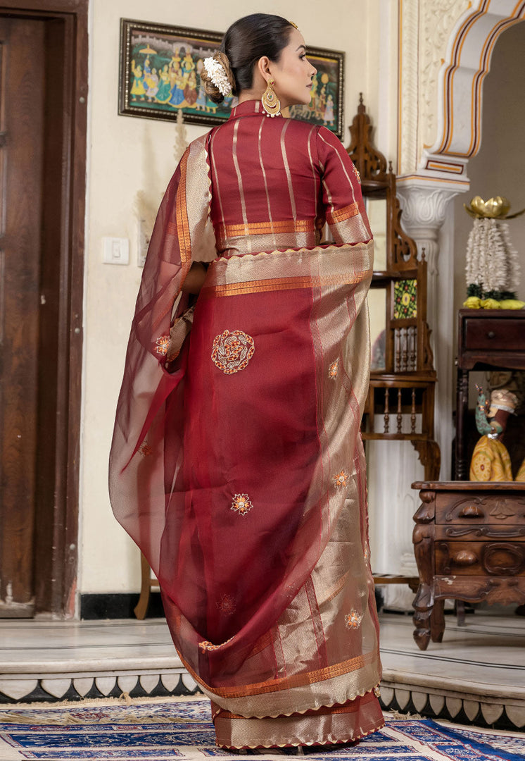 Maroon Linen Saree With Blouse