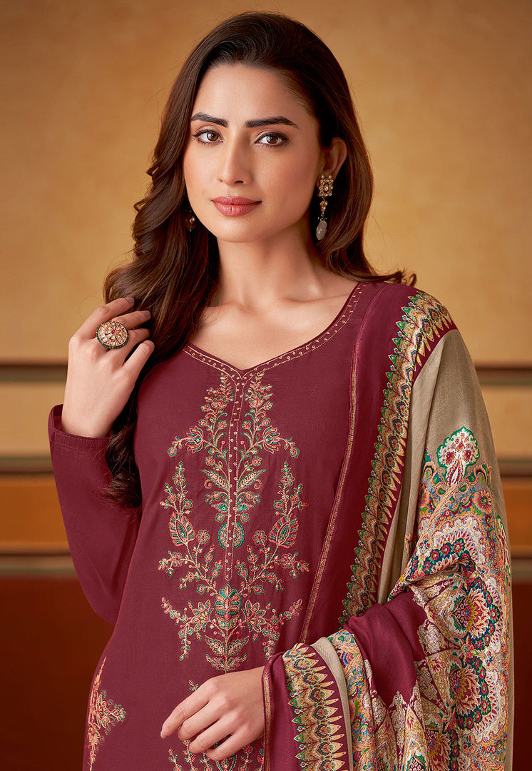 Maroon Muslin Palazzo Suit
