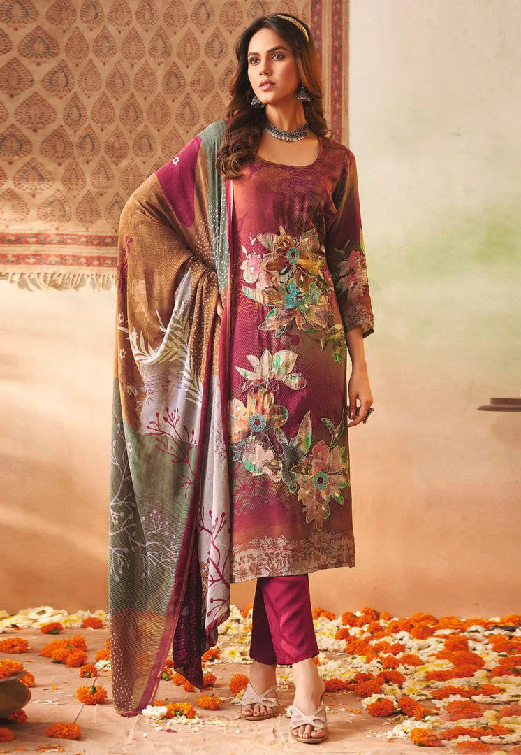 Maroon Muslin Straight Suit